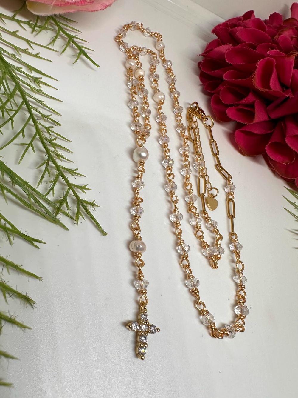 NEW ⚜️ Freshwater Pearl & Crystal Handmade Rosary Necklace - Picture 4 of 9